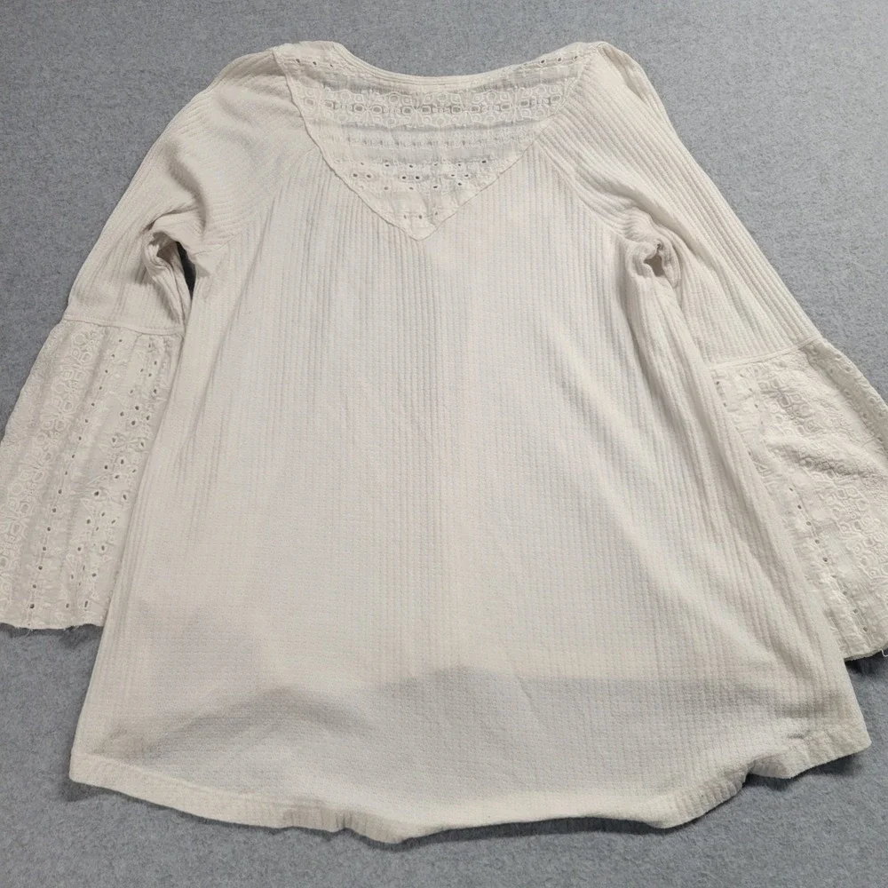 Free People Ivory Thermal Waffle Knit Bell Sleeve Eyelet Lace Top Size XS‎
